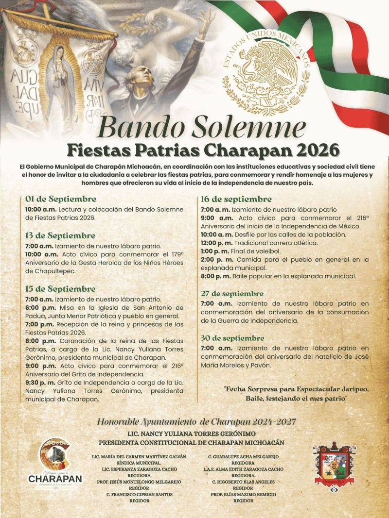 El Municipio de Charapan invita cordialmente a  la ciudadanía a participar en las Fiestas Patrias